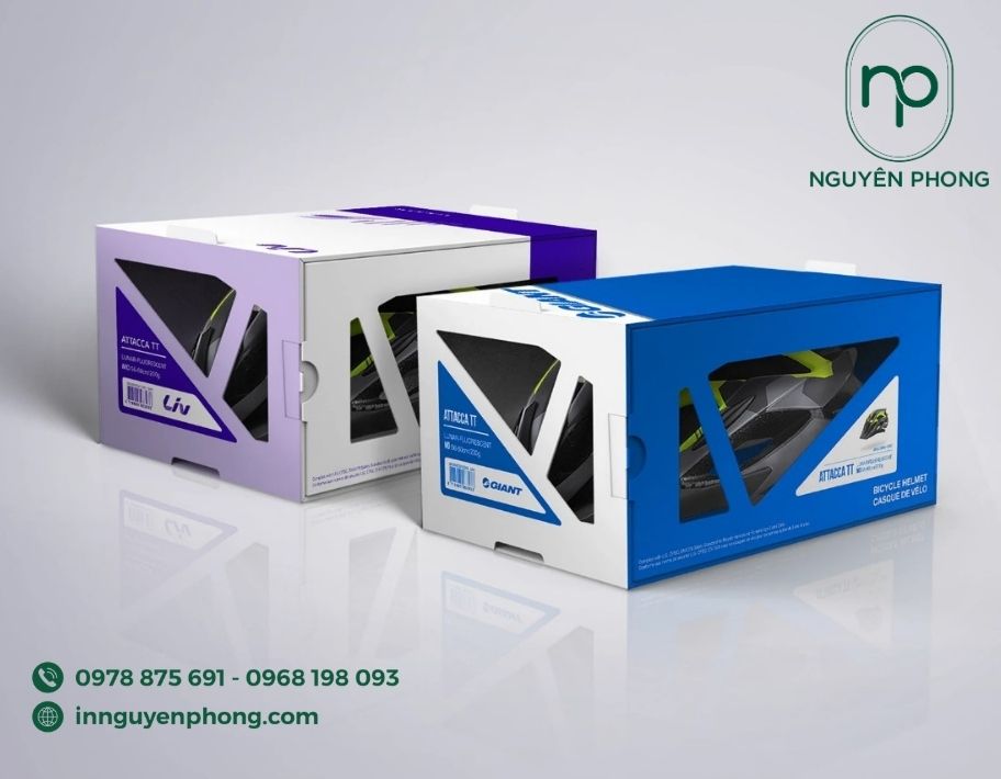 Mẫu hộp carton đựng mũ bảo hiểm cán màng mica trong suốt